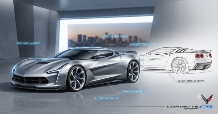 Silver 2030 Chevrolet Corvette C9 concept design study with Coke-bottle curves and mid-engine layout