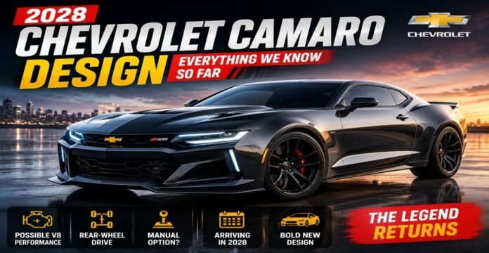 2028 Chevrolet Camaro concept design with futuristic styling and possible V8 performance
