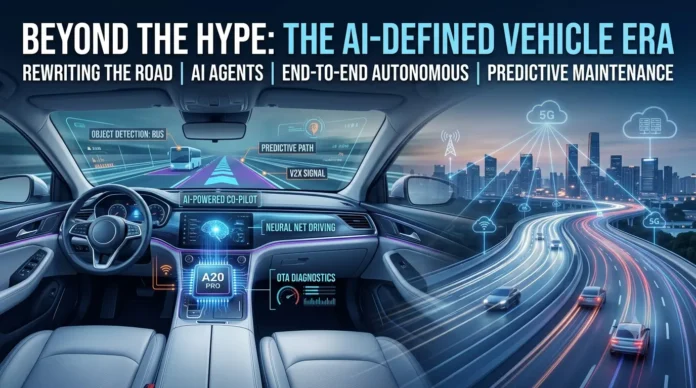 A futuristic 16:9 featured image illustrating the AI-Defined Vehicle (AIDV) era in 2026. A stylized cockpit with a holographic dashboard is shown alongside an automated highway where vehicles process data in real-time. Text reads: BEYOND THE HYPE: THE AI-DEFINED VEHICLE ERA. Labels highlight AI Agents, End-to-End Autonomous Systems, and Predictive Maintenance