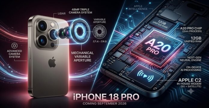 Concept visual of the Apple iPhone 18 Pro in Dark Cherry featuring the 2nm A20 Pro chip and variable aperture camera system.